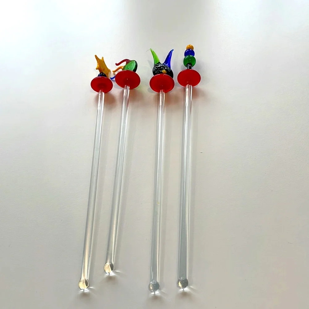 Set of four hand blown glass stir sticks in primary colors. Vintage. EUC.